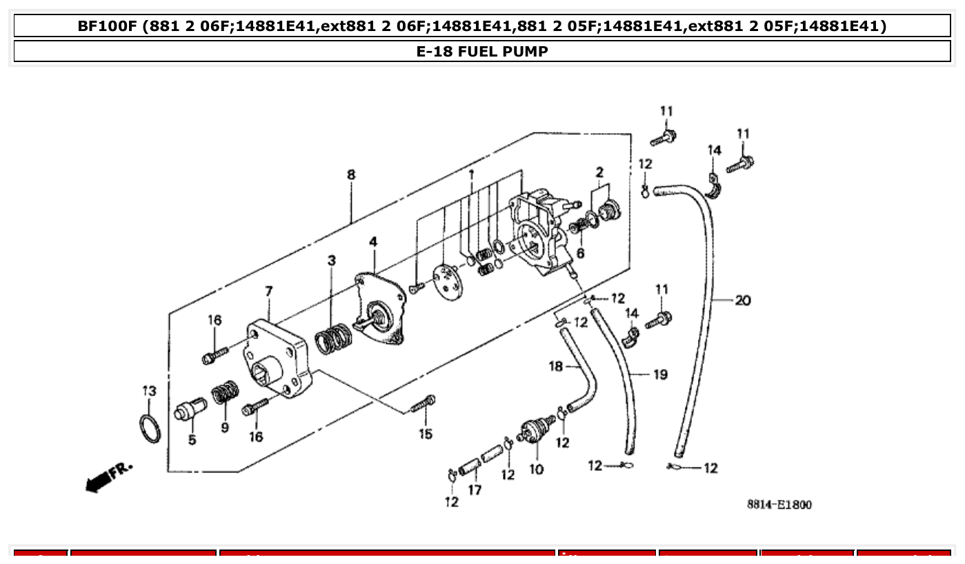 Honda BF100F FUEL PUMP parts diagram