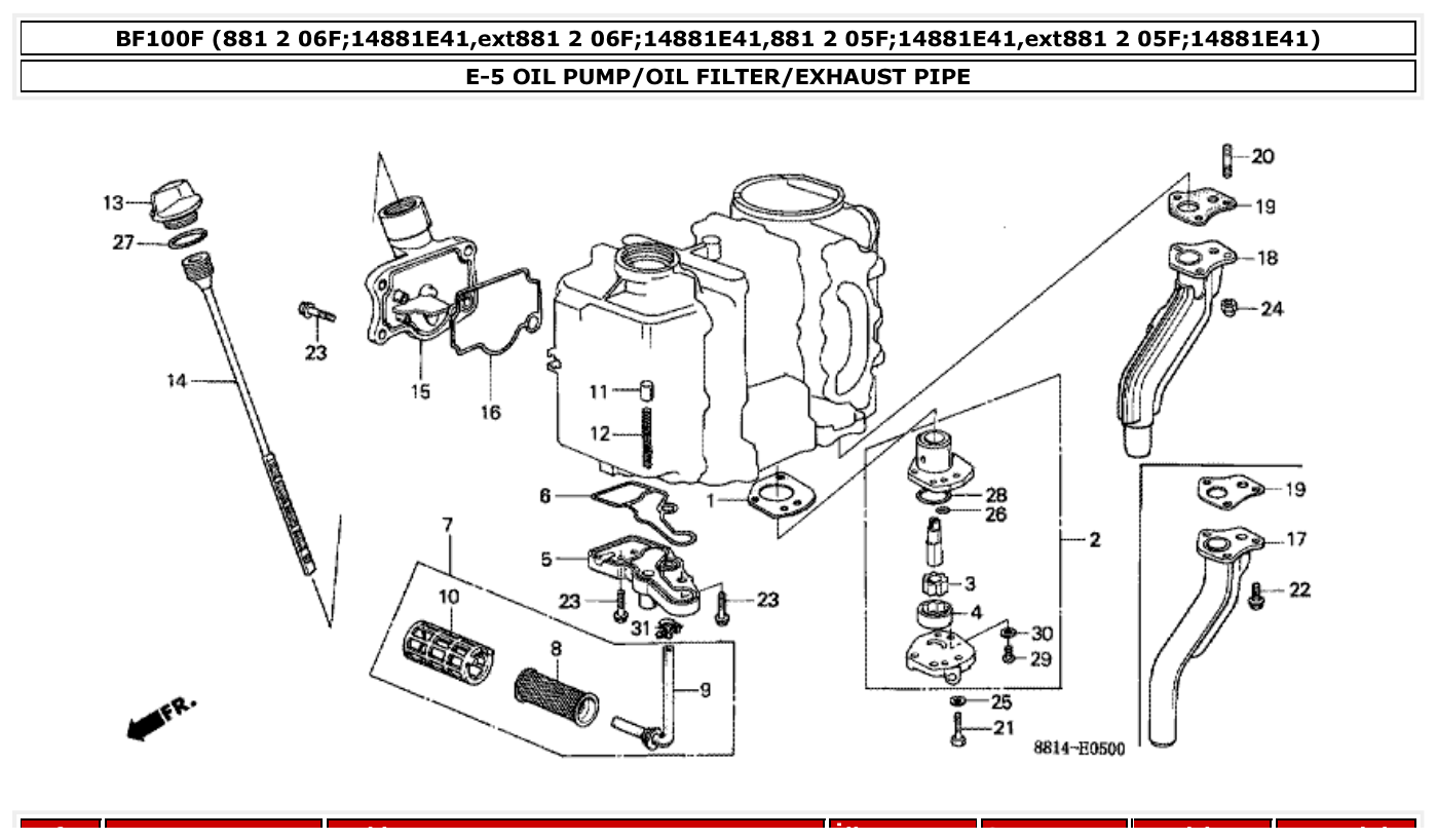 Honda BF100F OIL PUMP/OIL FILTER/EXHAUST PIPE parts diagram