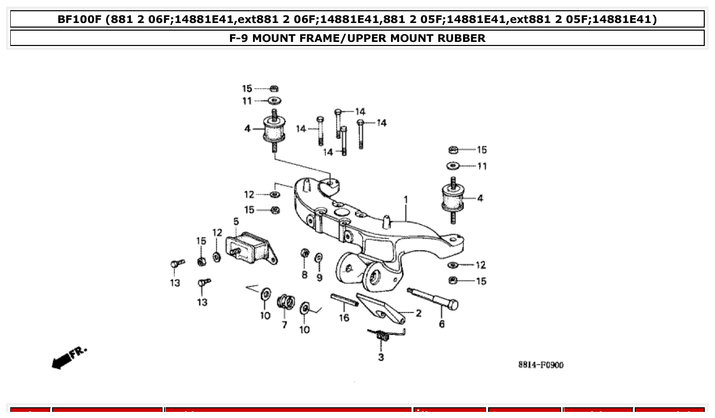 Honda BF100F MOUNT FRAME/UPPER MOUNT RUBBER parts diagram