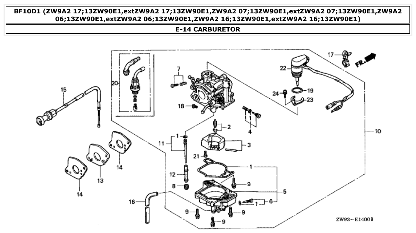 Honda BF10D1 CARBURETOR parts diagram