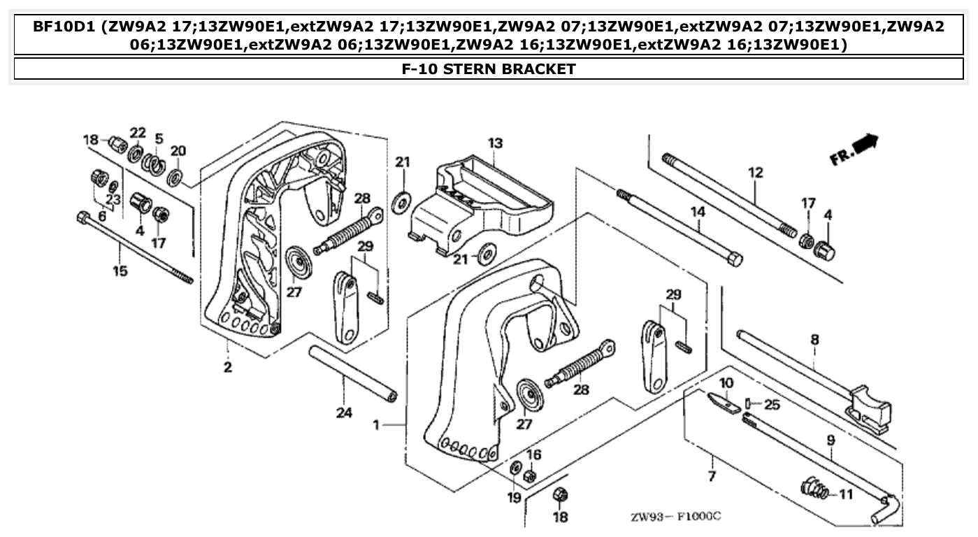 Honda BF10D1 STERN BRACKET parts diagram