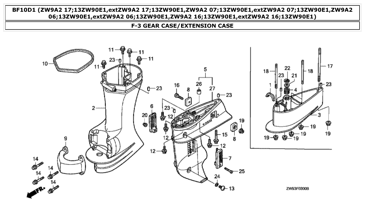 Honda BF10D1 GEAR CASE/EXTENSION CASE parts diagram
