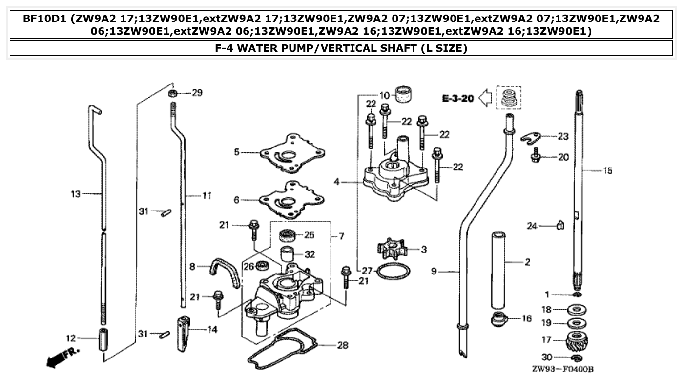 Honda BF10D1 WATER PUMP/VERTICAL SHAFT (L SIZE) parts diagram
