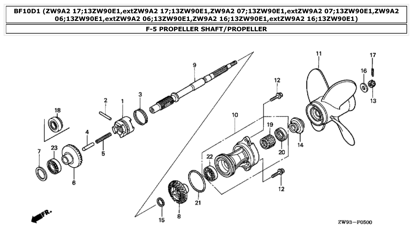 Honda BF10D1 PROPELLER SHAFT/PROPELLER parts diagram