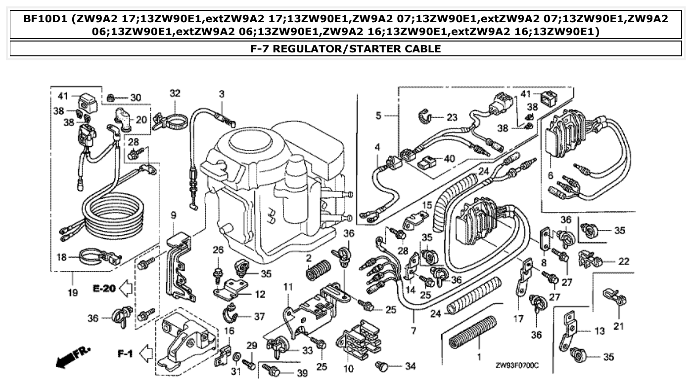 Honda BF10D1 REGULATOR/STARTER CABLE parts diagram