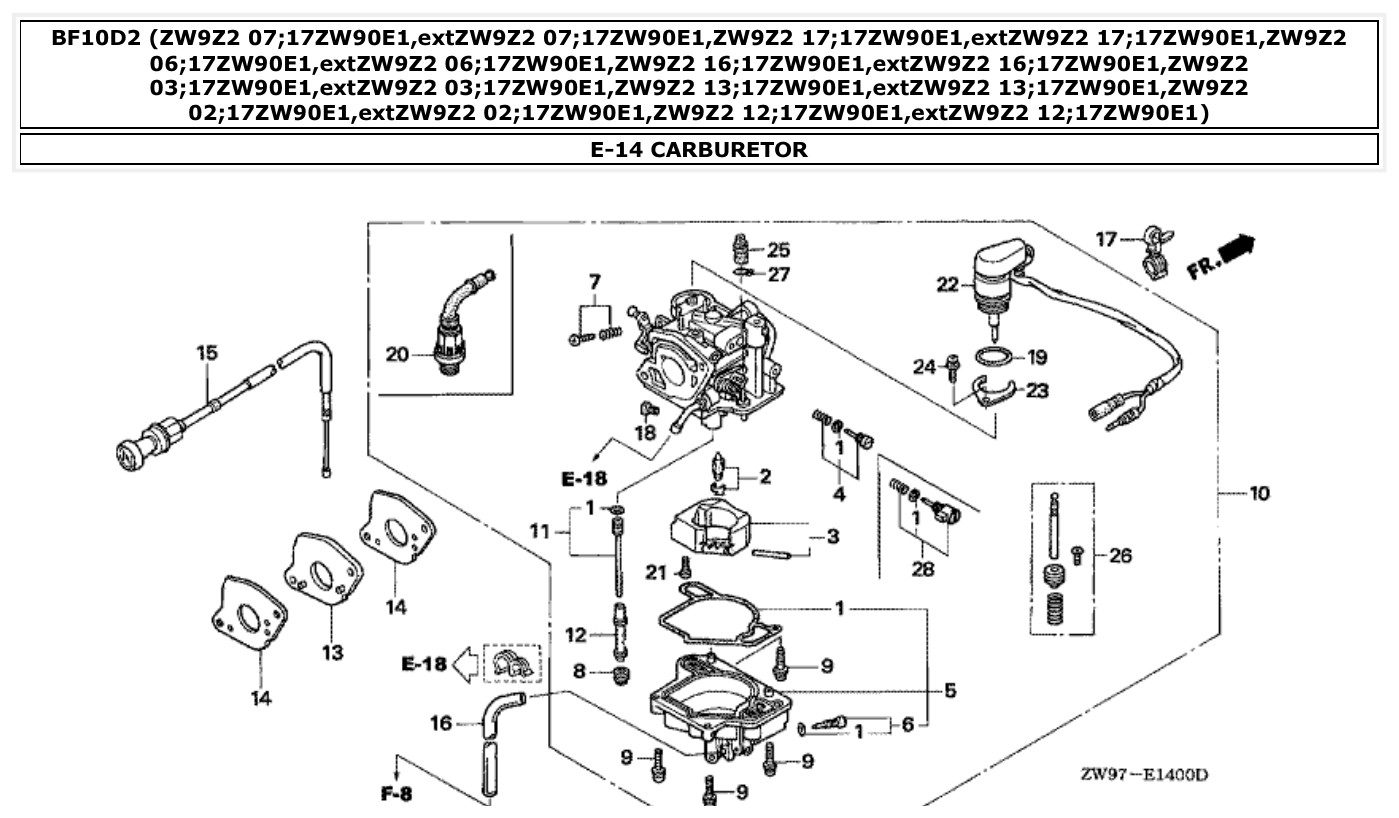 Honda BF10D2 CARBURETOR parts diagram