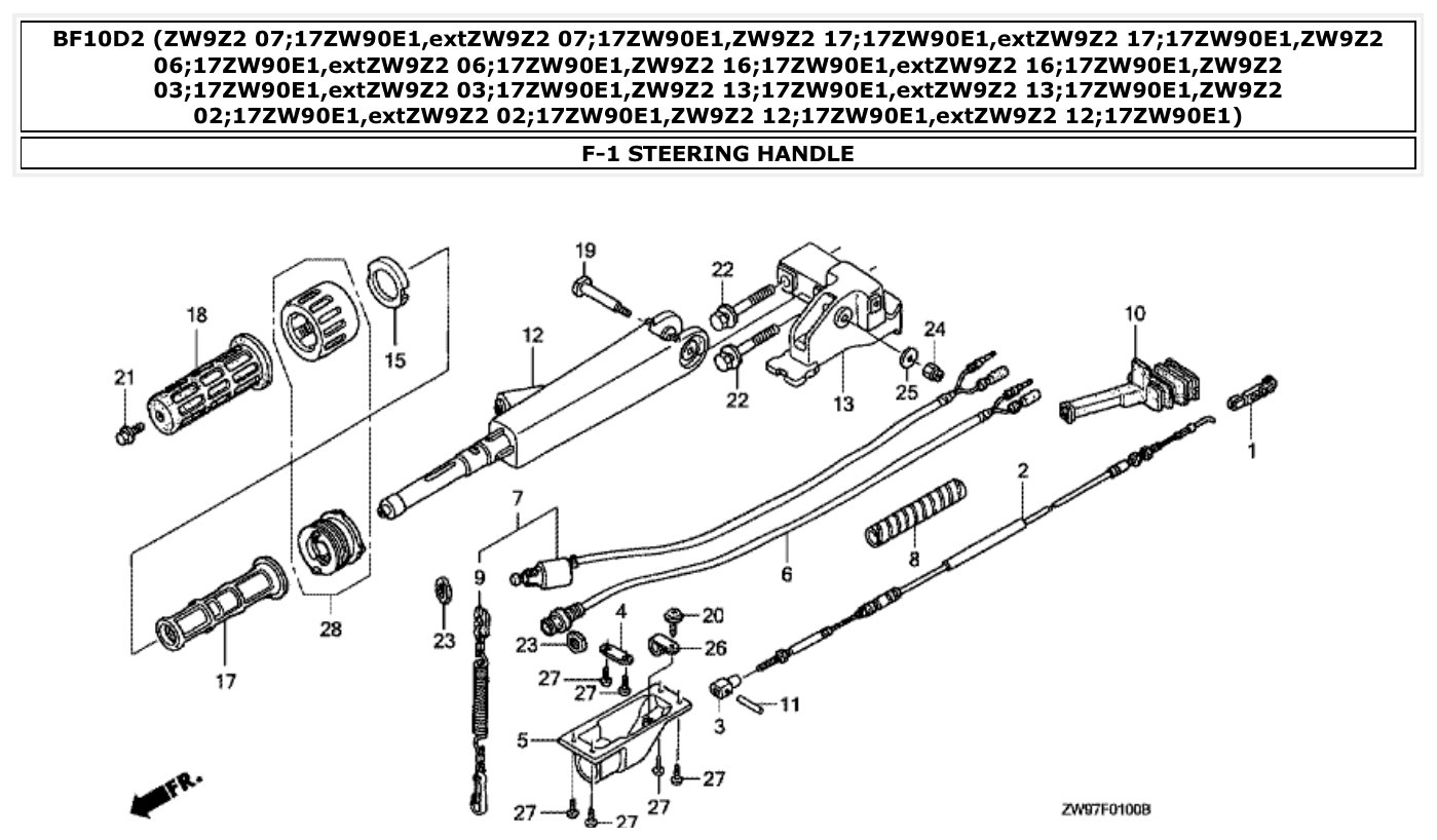 Honda BF10D2 STEERING HANDLE parts diagram