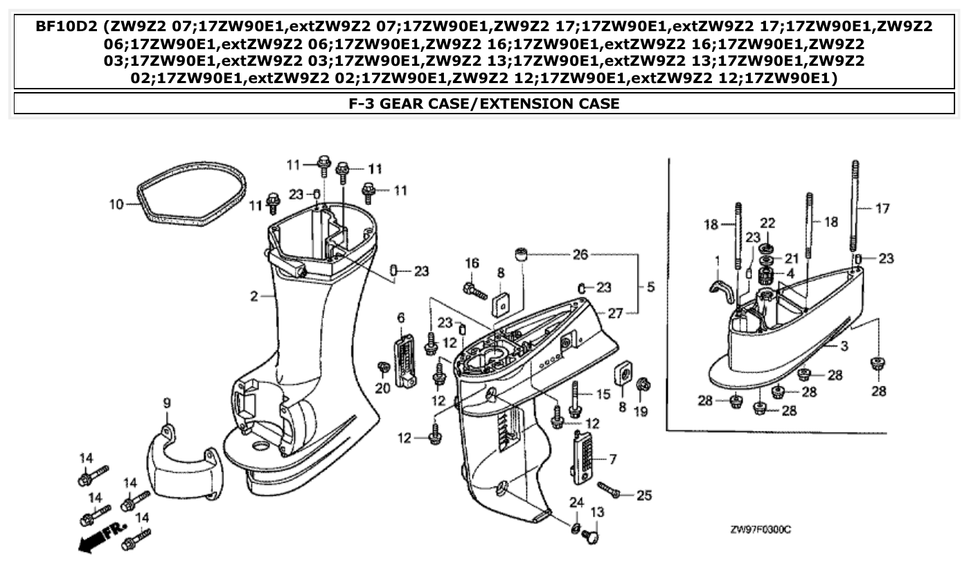 Honda BF10D2 GEAR CASE/EXTENSION CASE parts diagram