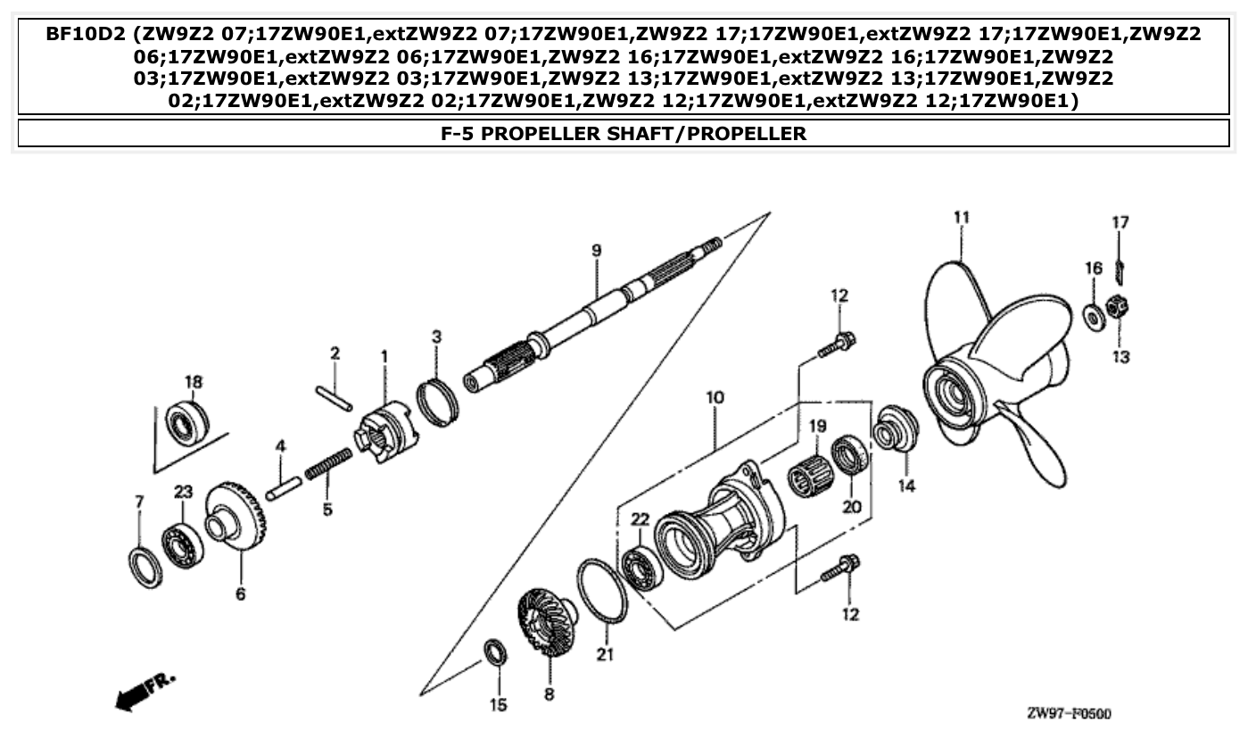 Honda BF10D2 PROPELLER SHAFT/PROPELLER parts diagram