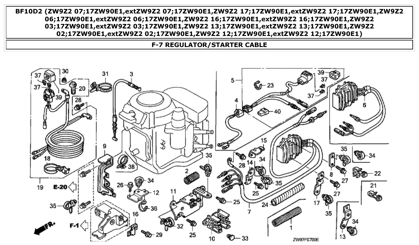 Honda BF10D2 REGULATOR/STARTER CABLE parts diagram