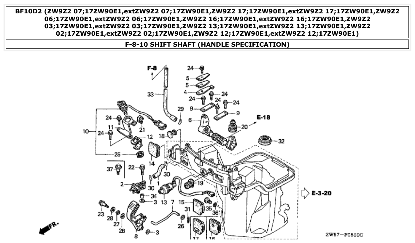 Honda BF10D2 SHIFT SHAFT (HANDLE SPECIFICATION) parts diagram