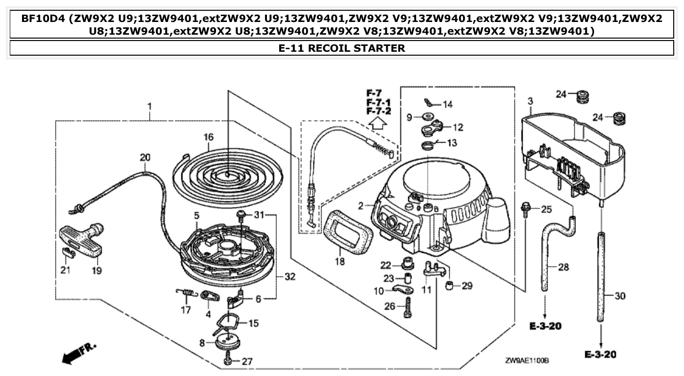 Honda BF10D4 RECOIL STARTER parts diagram