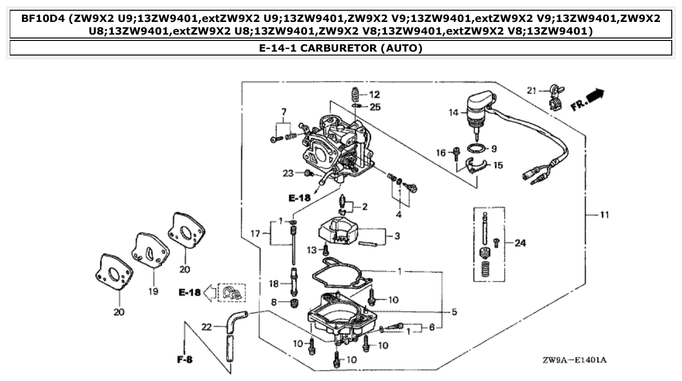 Honda BF10D4 CARBURETOR (AUTO) parts diagram