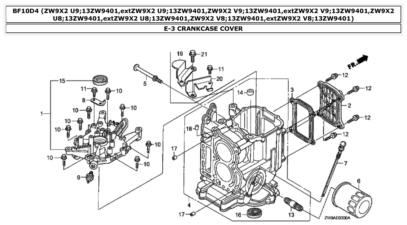 Honda BF10D4 CRANKCASE COVER parts diagram