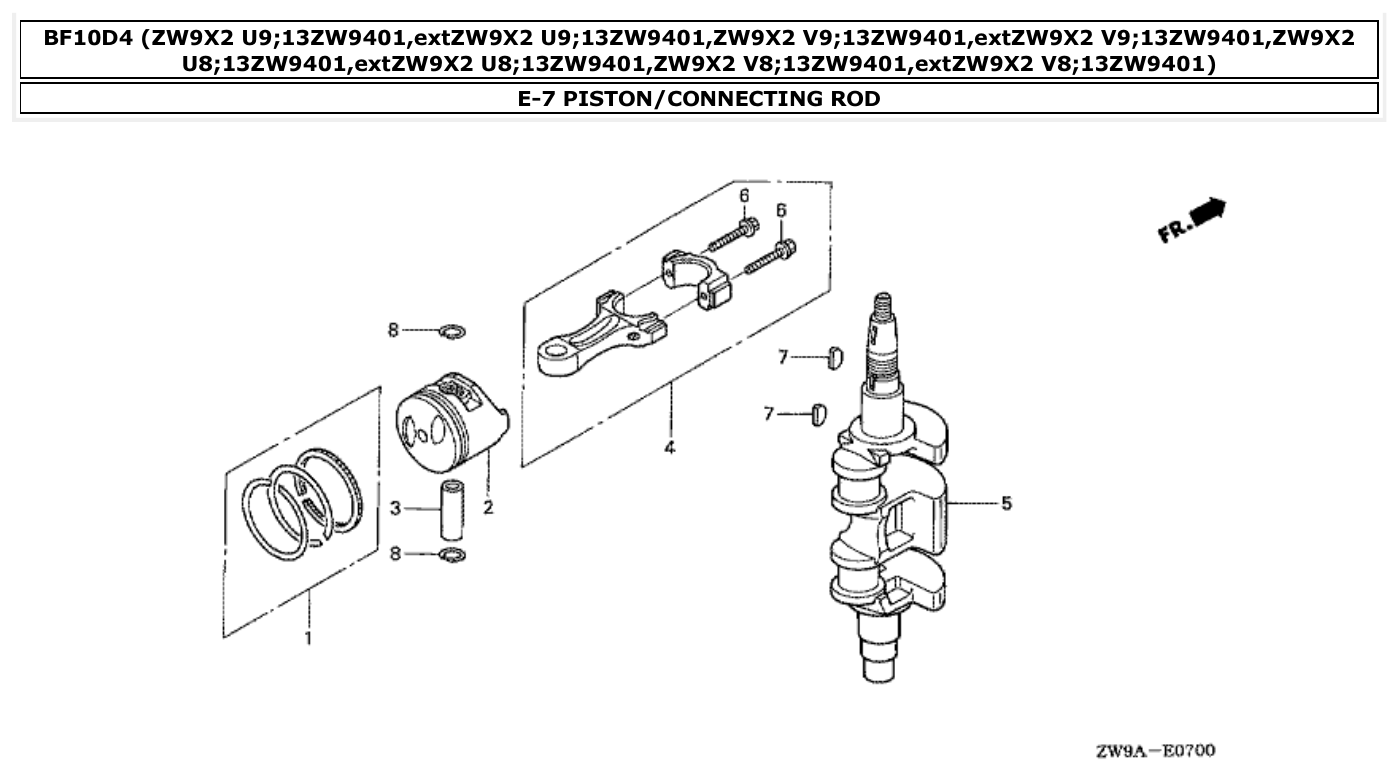 Honda BF10D4 PISTON/CONNECTING ROD parts diagram