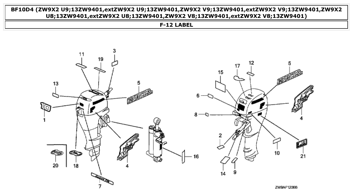Honda BF10D4 LABEL parts diagram