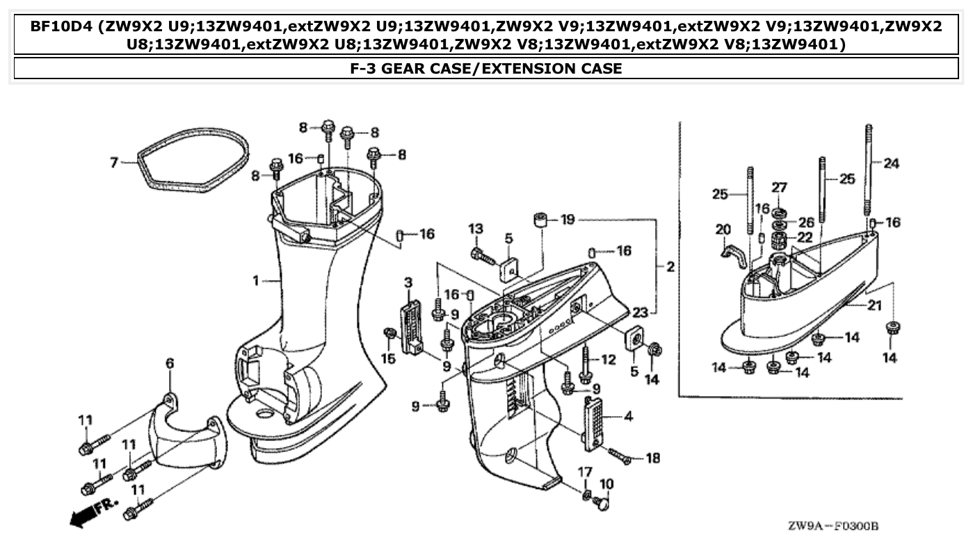 Honda BF10D4 GEAR CASE/EXTENSION CASE parts diagram