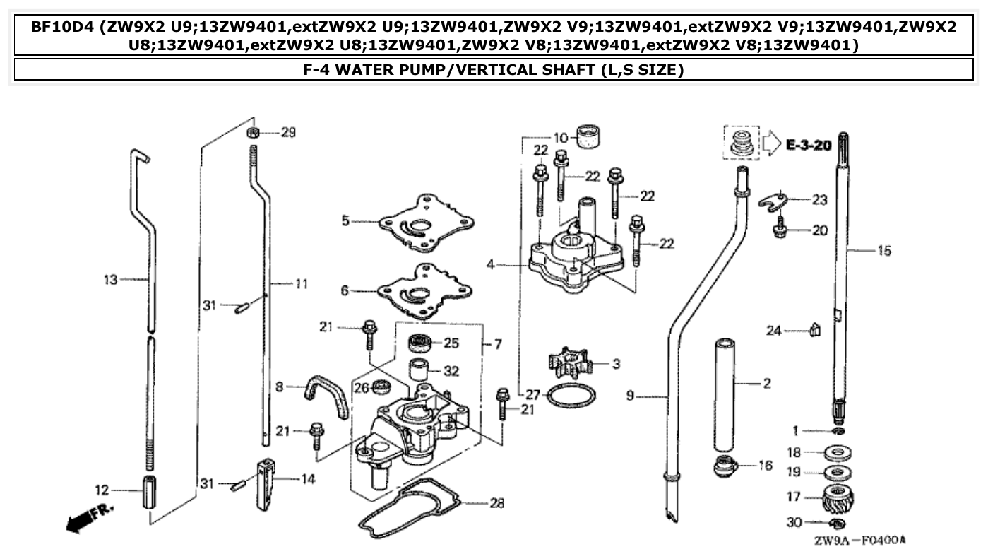 Honda BF10D4 WATER PUMP/VERTICAL SHAFT (L,S SIZE) parts diagram