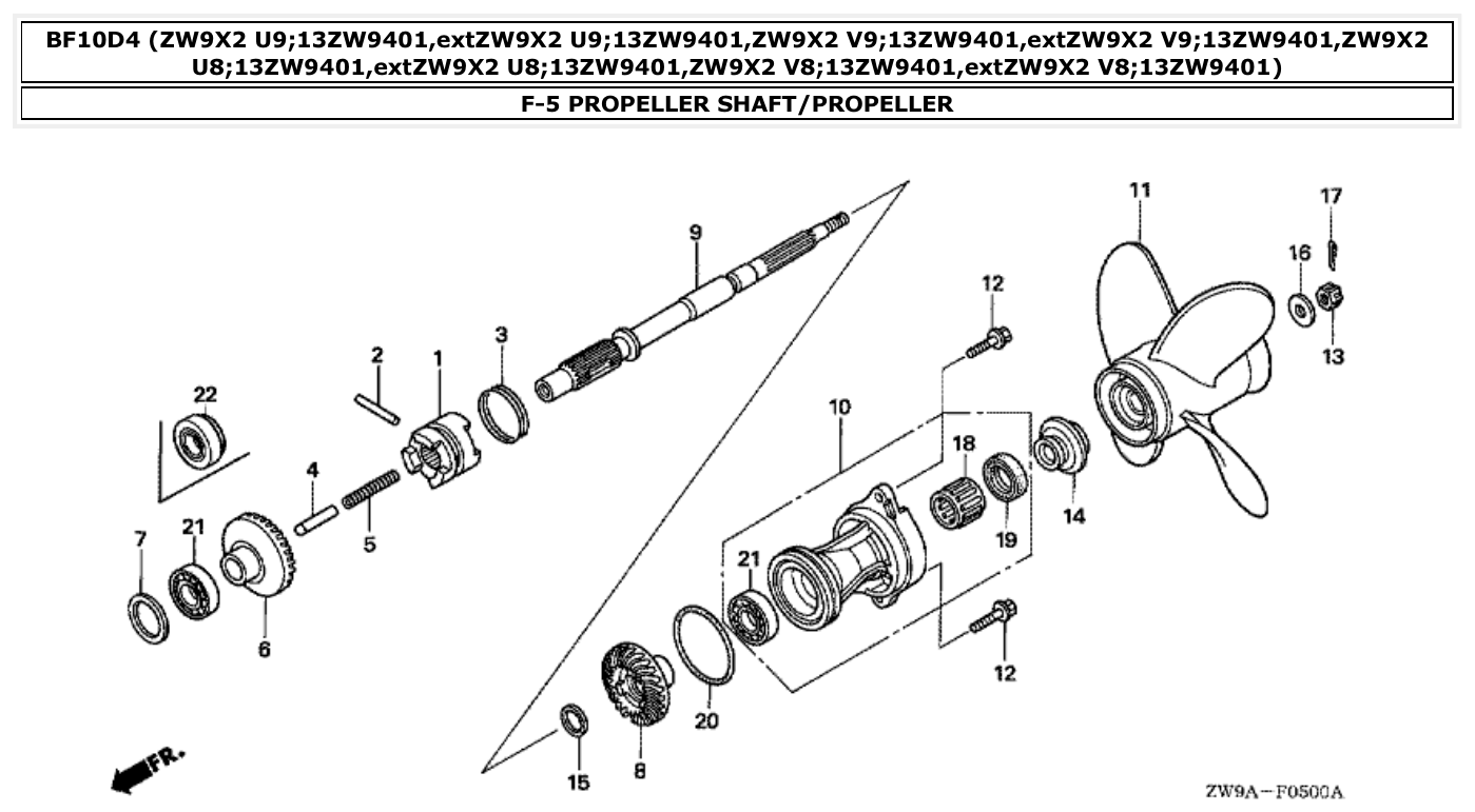 Honda BF10D4 PROPELLER SHAFT/PROPELLER parts diagram