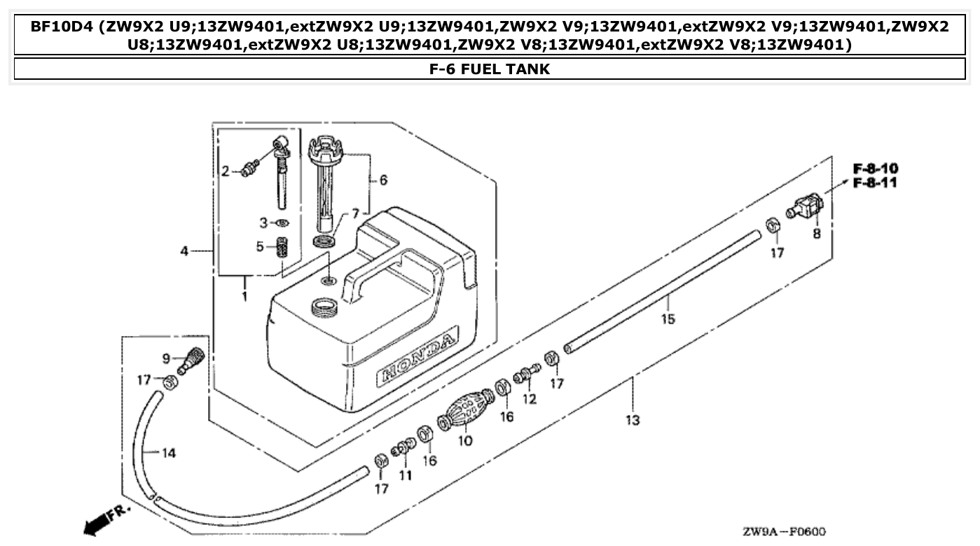 Honda BF10D4 FUEL TANK parts diagram
