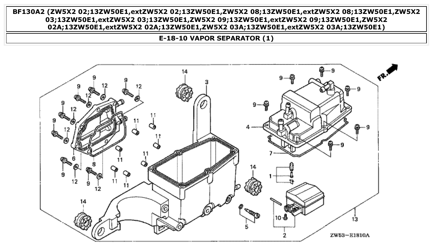 Honda BF130A2 VAPOR SEPARATOR (1) parts diagram