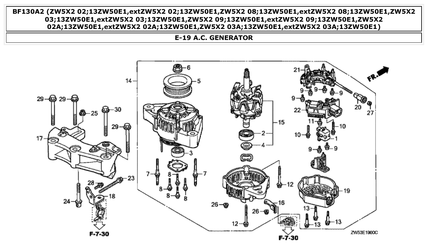 Honda BF130A2 A.C. GENERATOR parts diagram