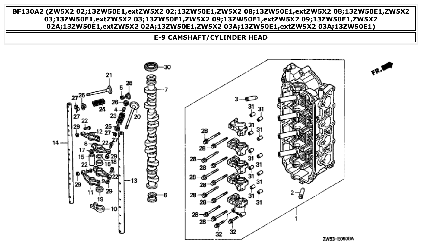 Honda BF130A2 CAMSHAFT/CYLINDER HEAD parts diagram
