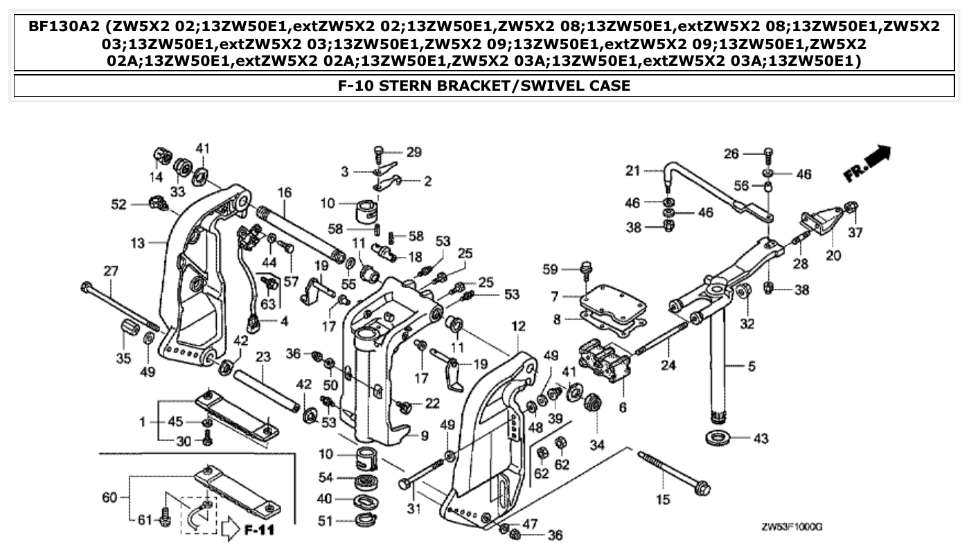 Honda BF130A2 STERN BRACKET/SWIVEL CASE parts diagram