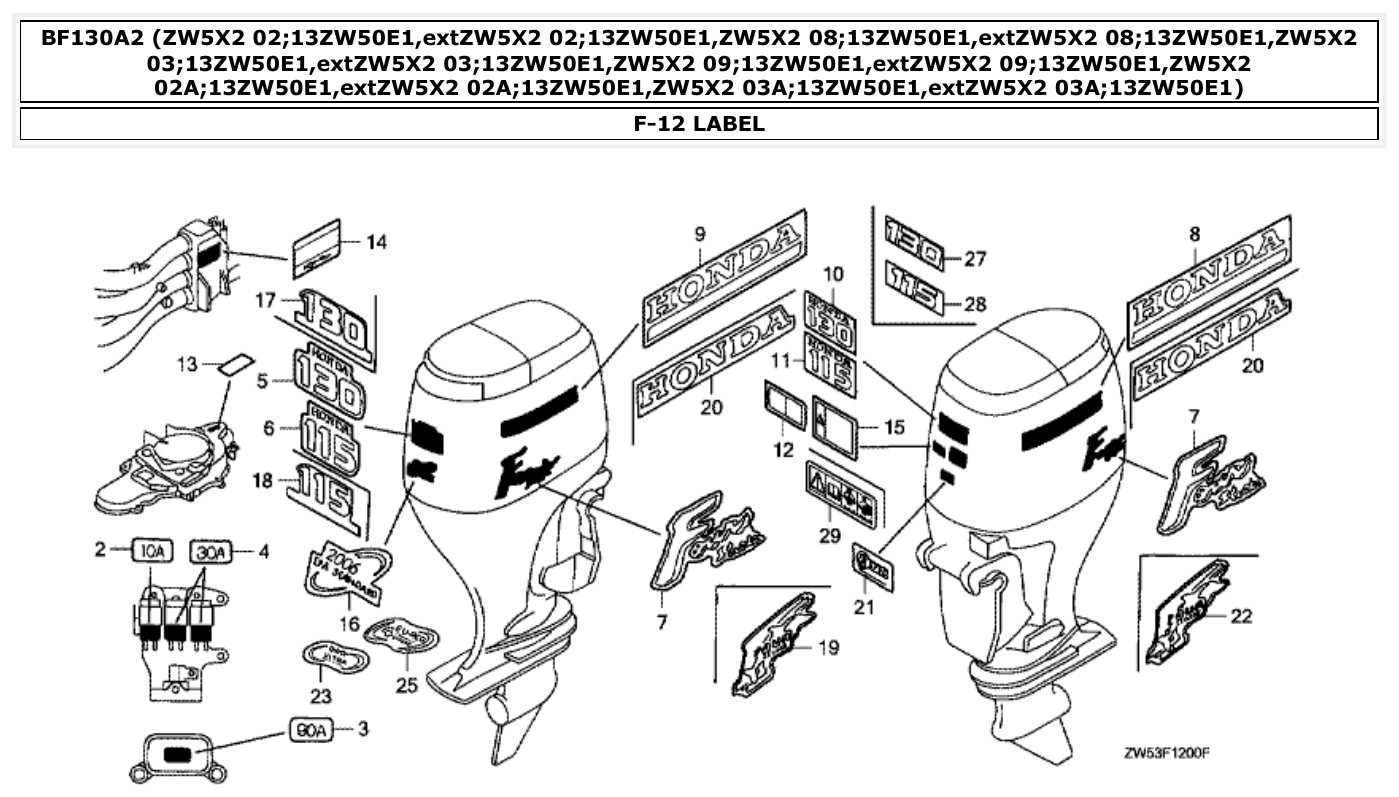 Honda BF130A2 LABEL parts diagram