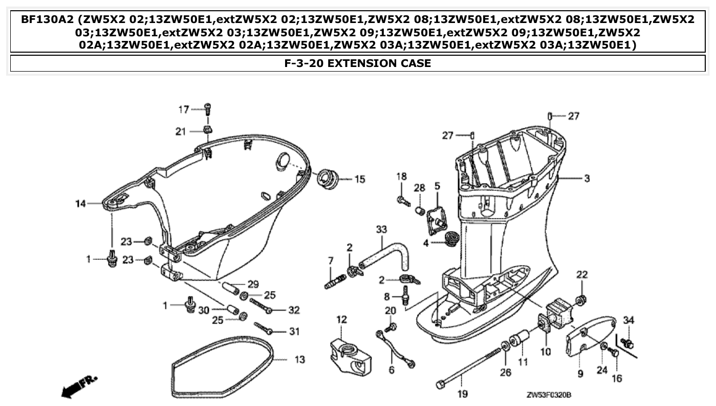 Honda BF130A2 EXTENSION CASE parts diagram