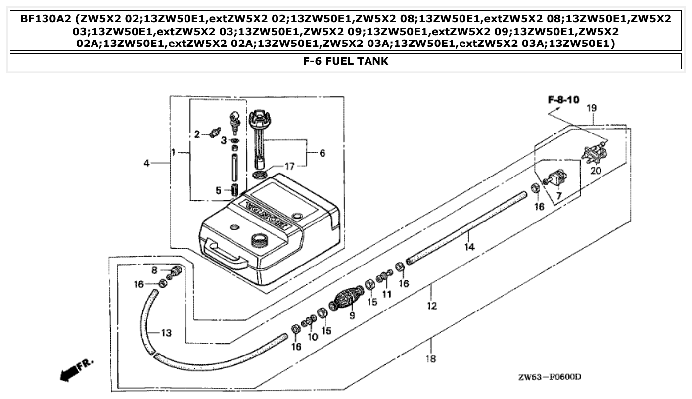 Honda BF130A2 FUEL TANK parts diagram