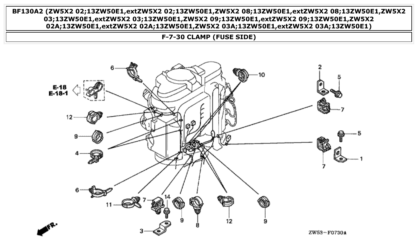 Honda BF130A2 CLAMP (FUSE SIDE) parts diagram
