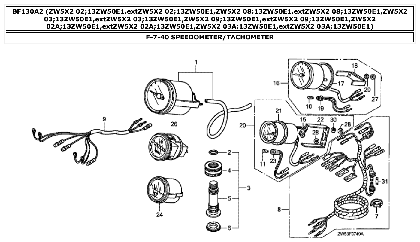 Honda BF130A2 SPEEDOMETER/TACHOMETER parts diagram