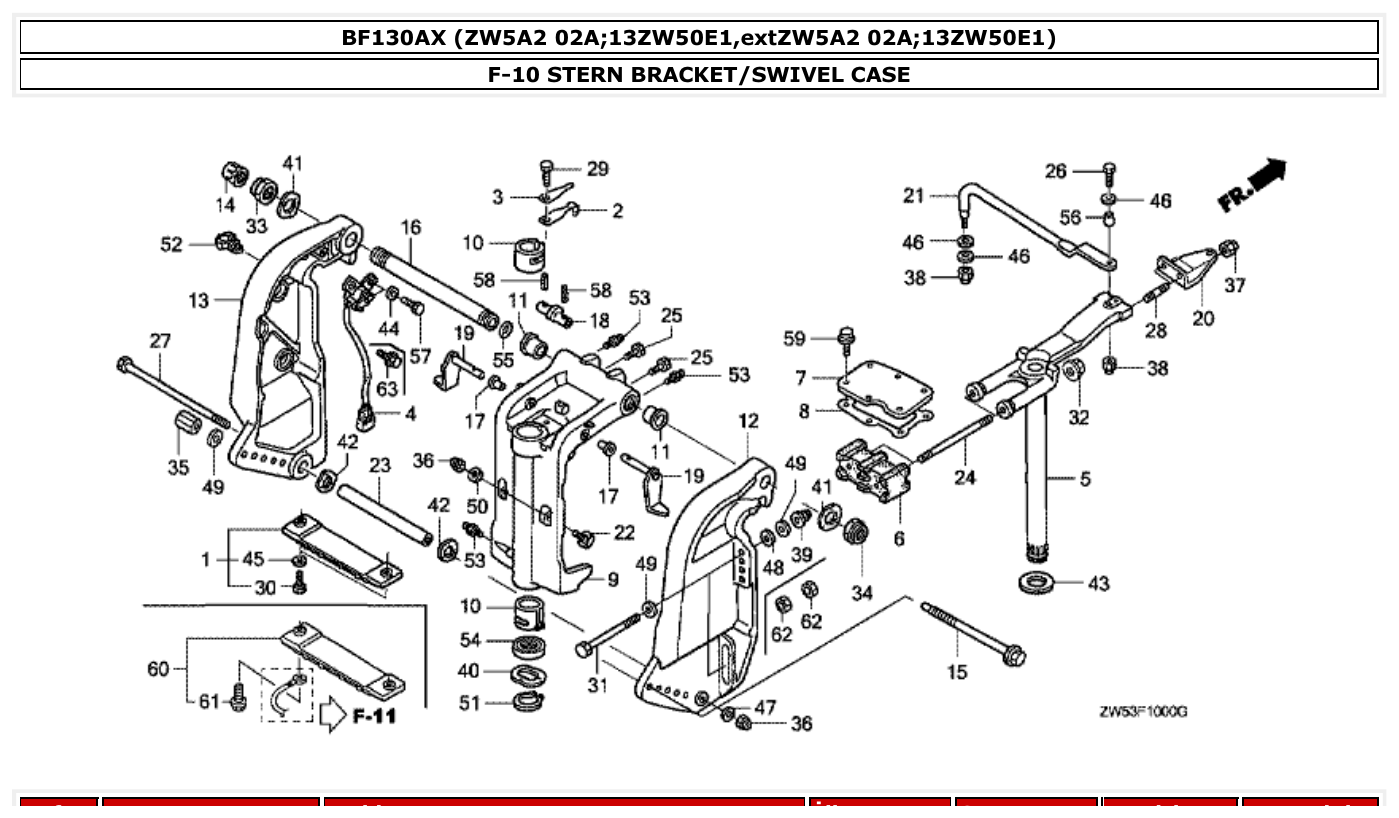 Honda BF130AX STERN BRACKET/SWIVEL CASE parts diagram