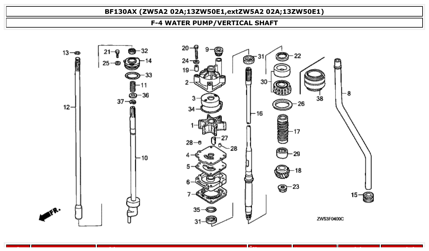 Honda BF130AX WATER PUMP/VERTICAL SHAFT parts diagram