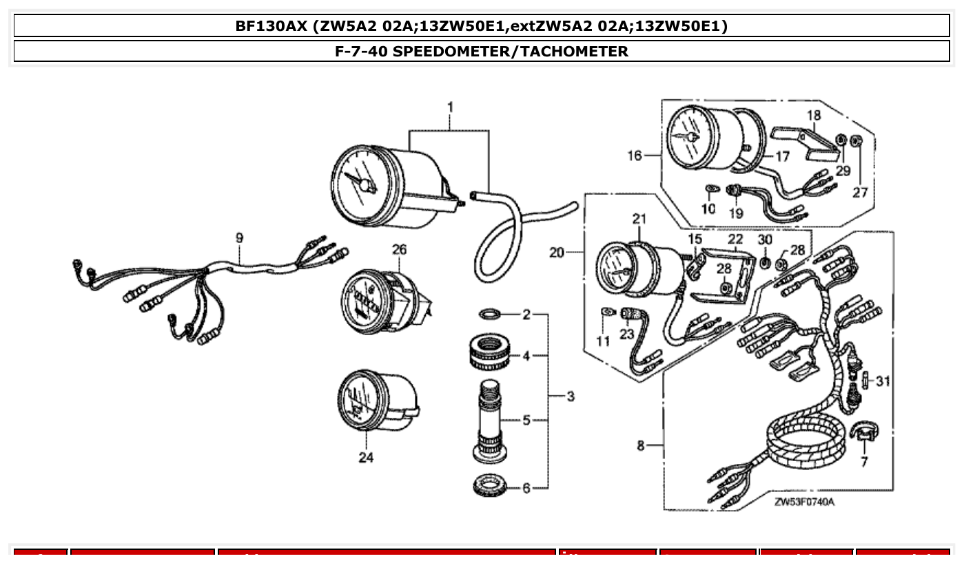 Honda BF130AX SPEEDOMETER/TACHOMETER parts diagram