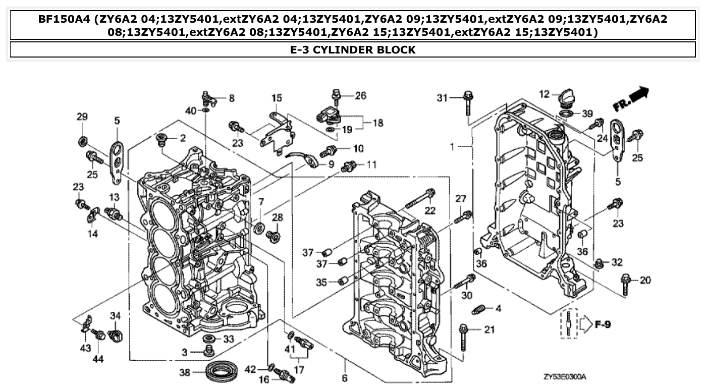 Honda BF150A4 CYLINDER BLOCK parts diagram