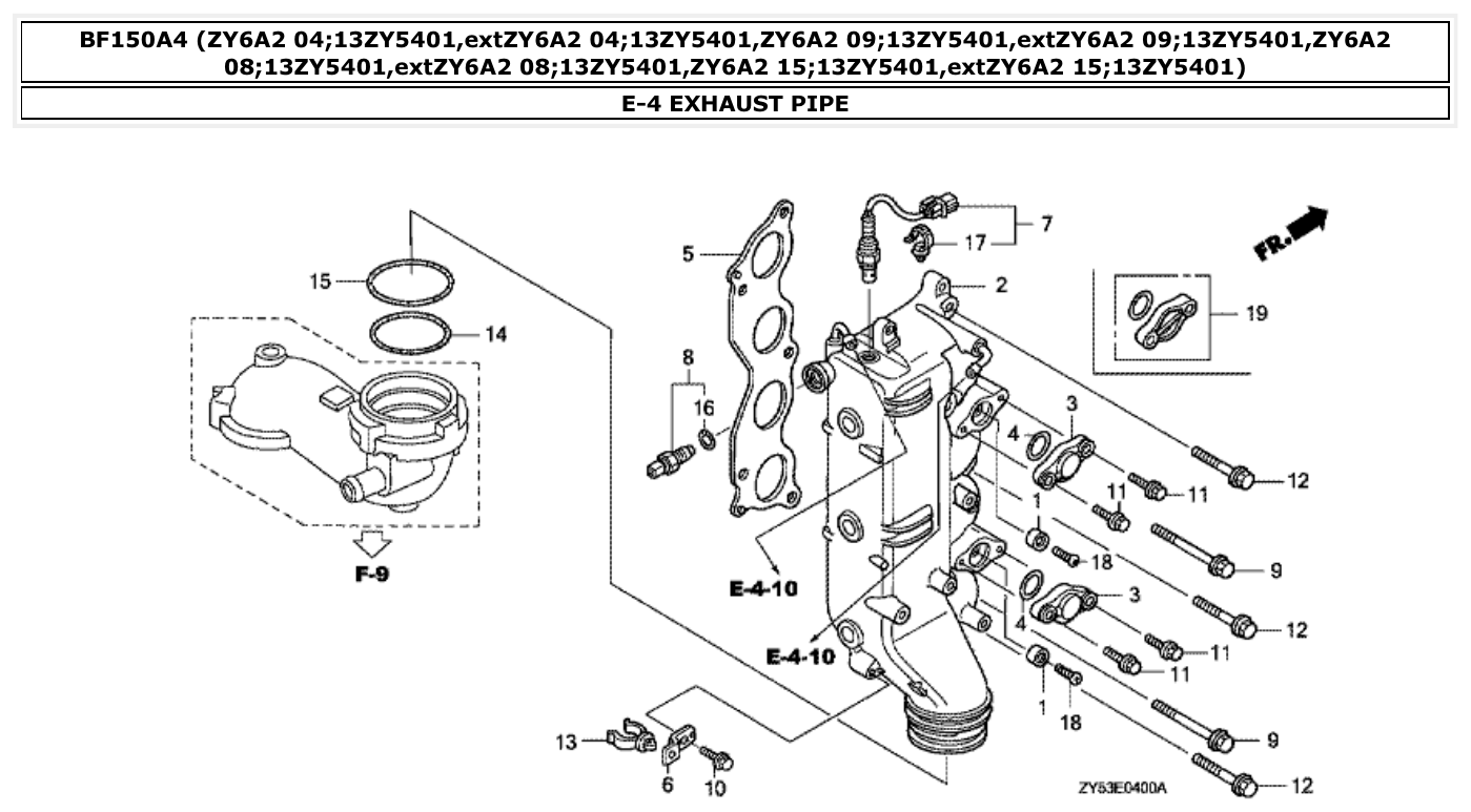Honda BF150A4 EXHAUST PIPE parts diagram