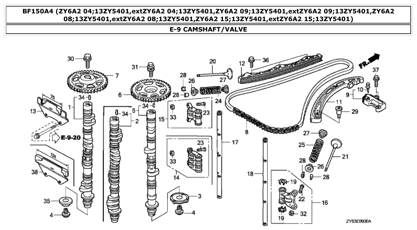 Honda BF150A4 CAMSHAFT/VALVE parts diagram