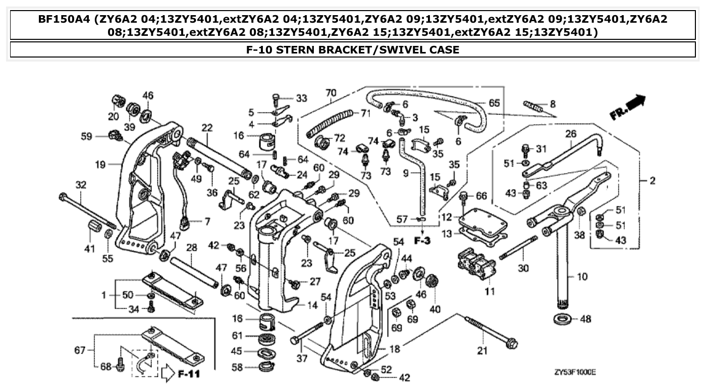 Honda BF150A4 STERN BRACKET/SWIVEL CASE parts diagram