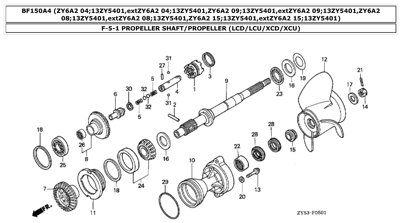 Honda BF150A4 PROPELLER SHAFT/PROPELLER (LCD/LCU/XCD/XCU) parts diagram