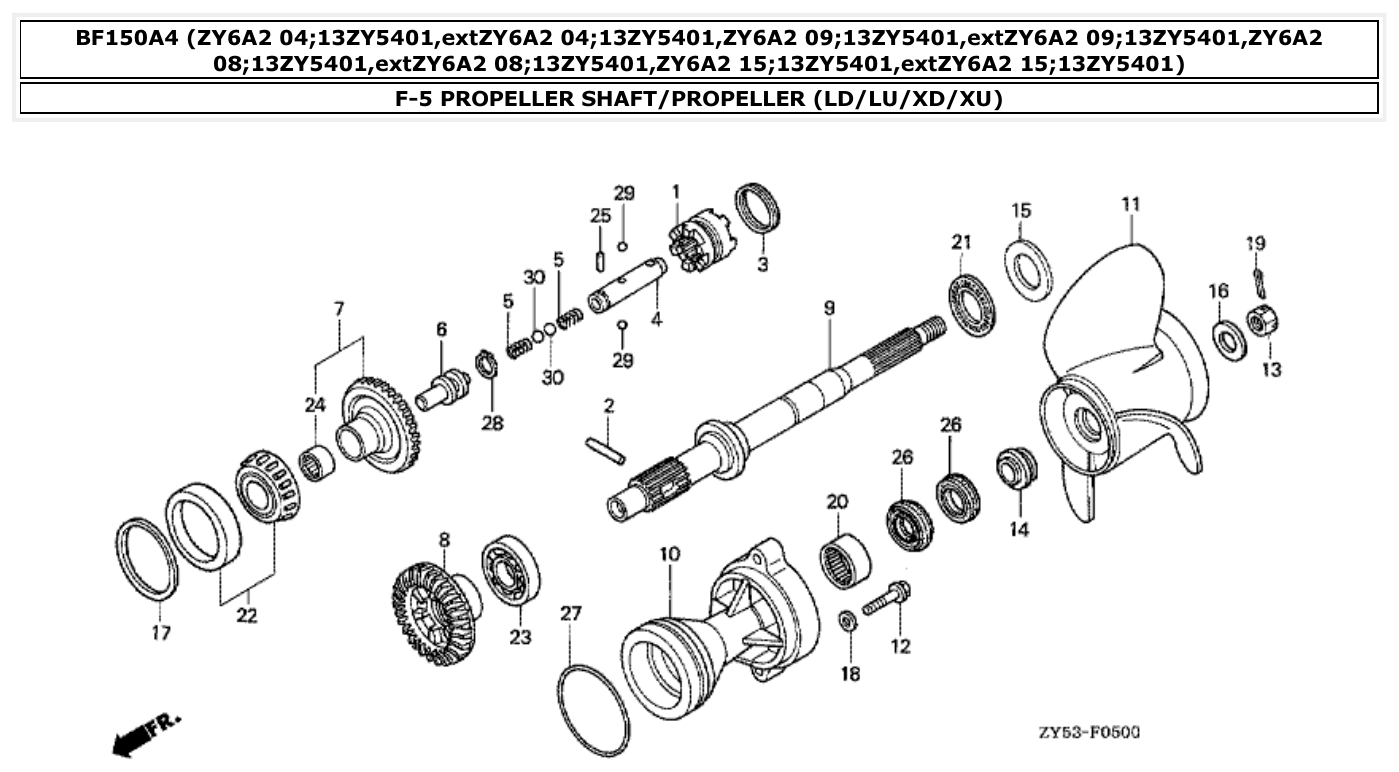 Honda BF150A4 PROPELLER SHAFT/PROPELLER (LD/LU/XD/XU) parts diagram