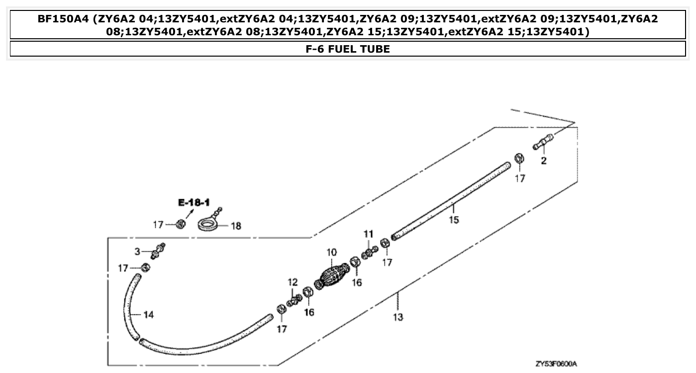 Honda BF150A4 FUEL TUBE parts diagram