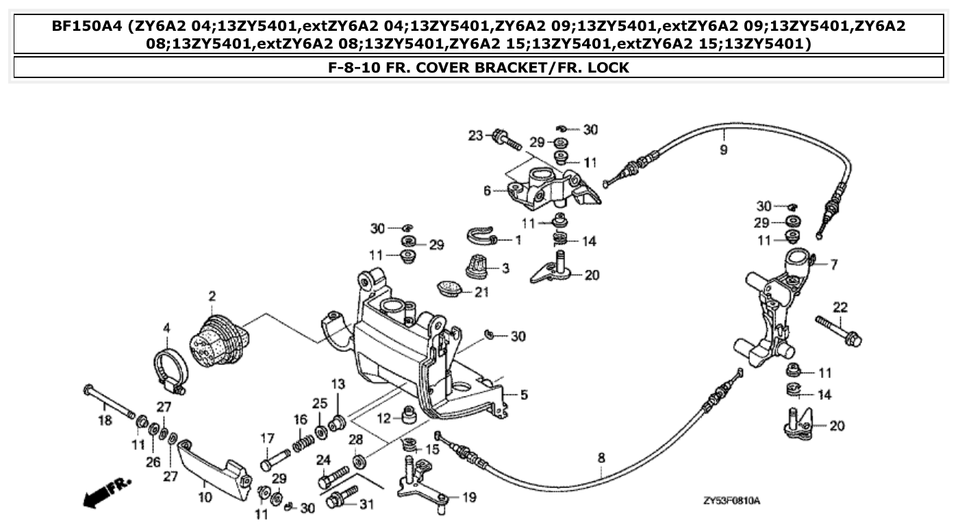 Honda BF150A4 FR. COVER BRACKET/FR. LOCK parts diagram