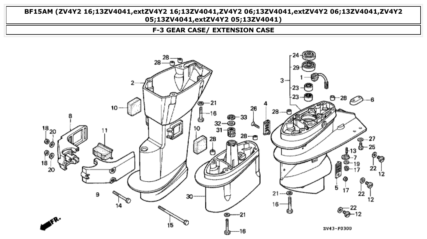 Honda BF15AM GEAR CASE/ EXTENSION CASE parts diagram