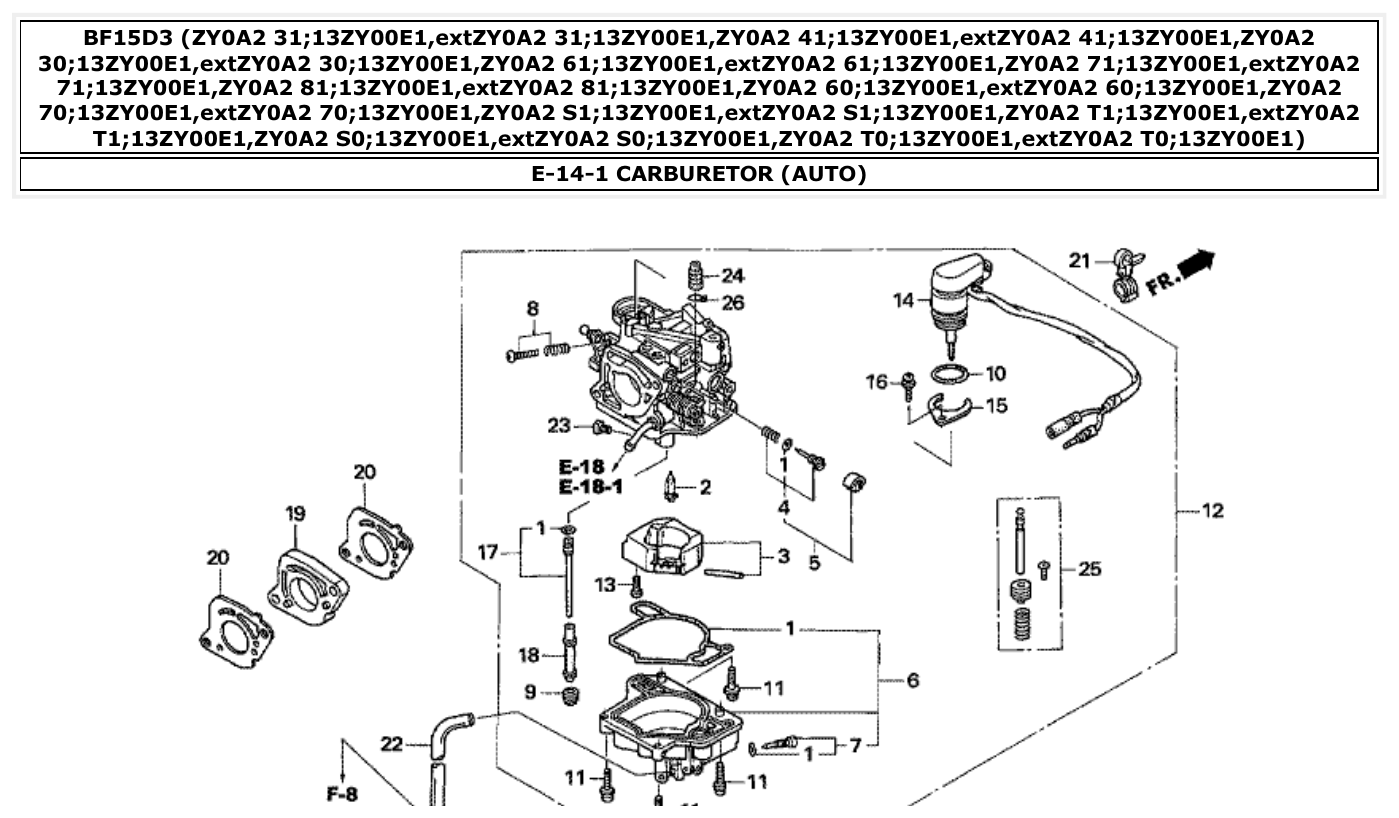 Honda BF15D3 CARBURETOR (AUTO) parts diagram