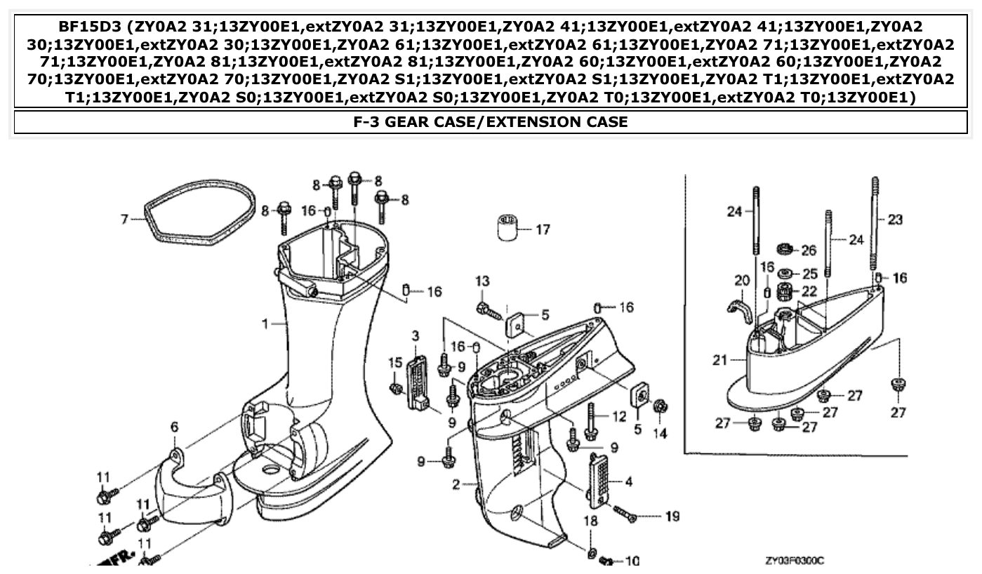 Honda BF15D3 GEAR CASE/EXTENSION CASE parts diagram
