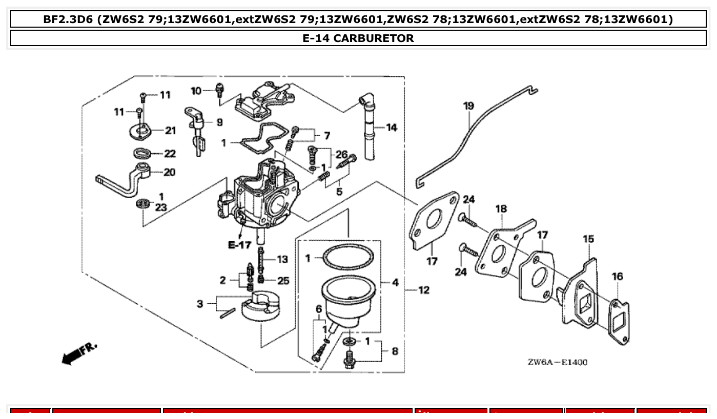 Honda BF2.3D6 CARBURETOR parts diagram