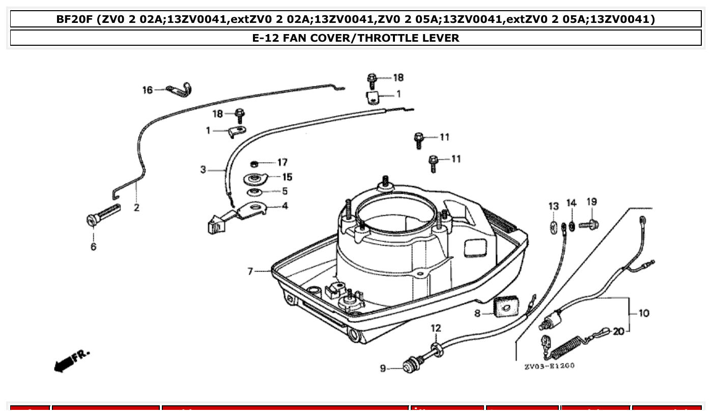 Honda BF20F FAN COVER/THROTTLE LEVER parts diagram