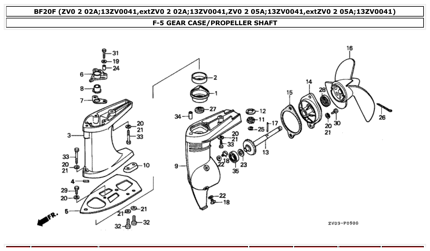 Honda BF20F GEAR CASE/PROPELLER SHAFT parts diagram